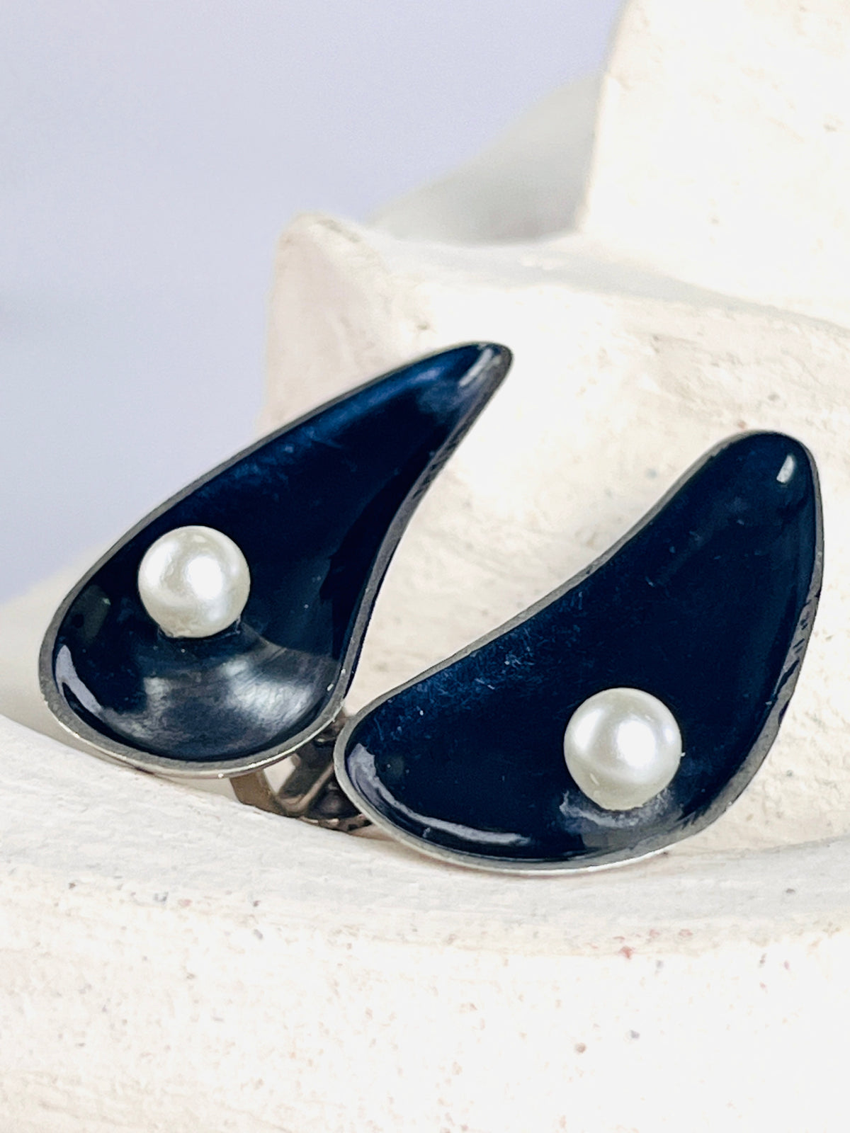 Modernist Sterling & Pearl Brooch & Earring Set