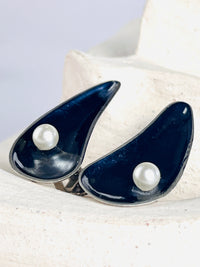 Modernist Sterling & Pearl Brooch & Earring Set