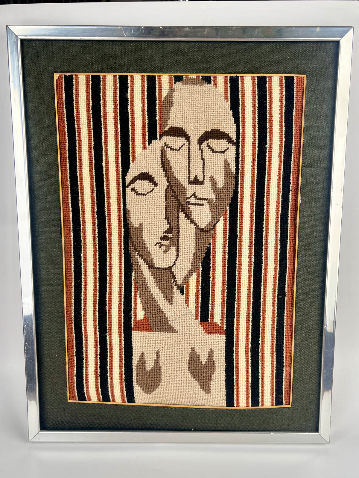 Vintage Handmade Needlepoint Art in Chrome Frame