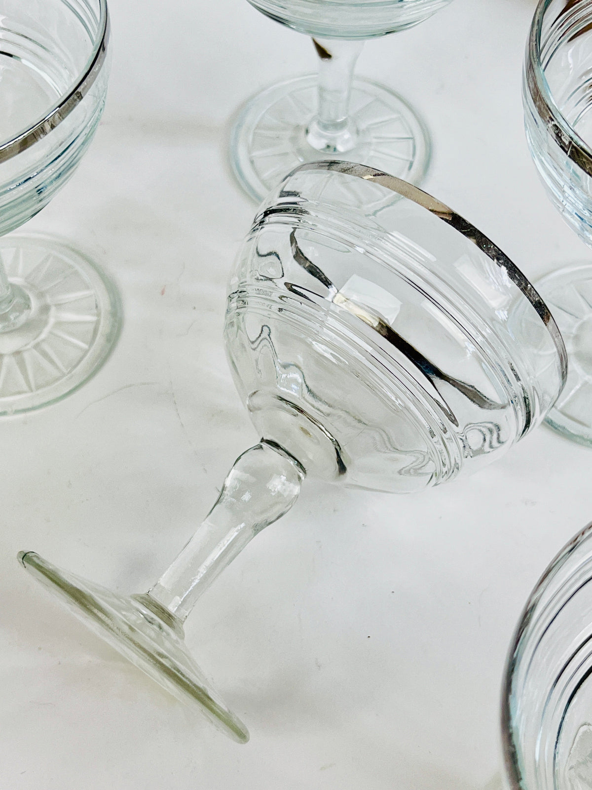 Vintage Silver-Rimmed Coupe Glasses, 8pc Set