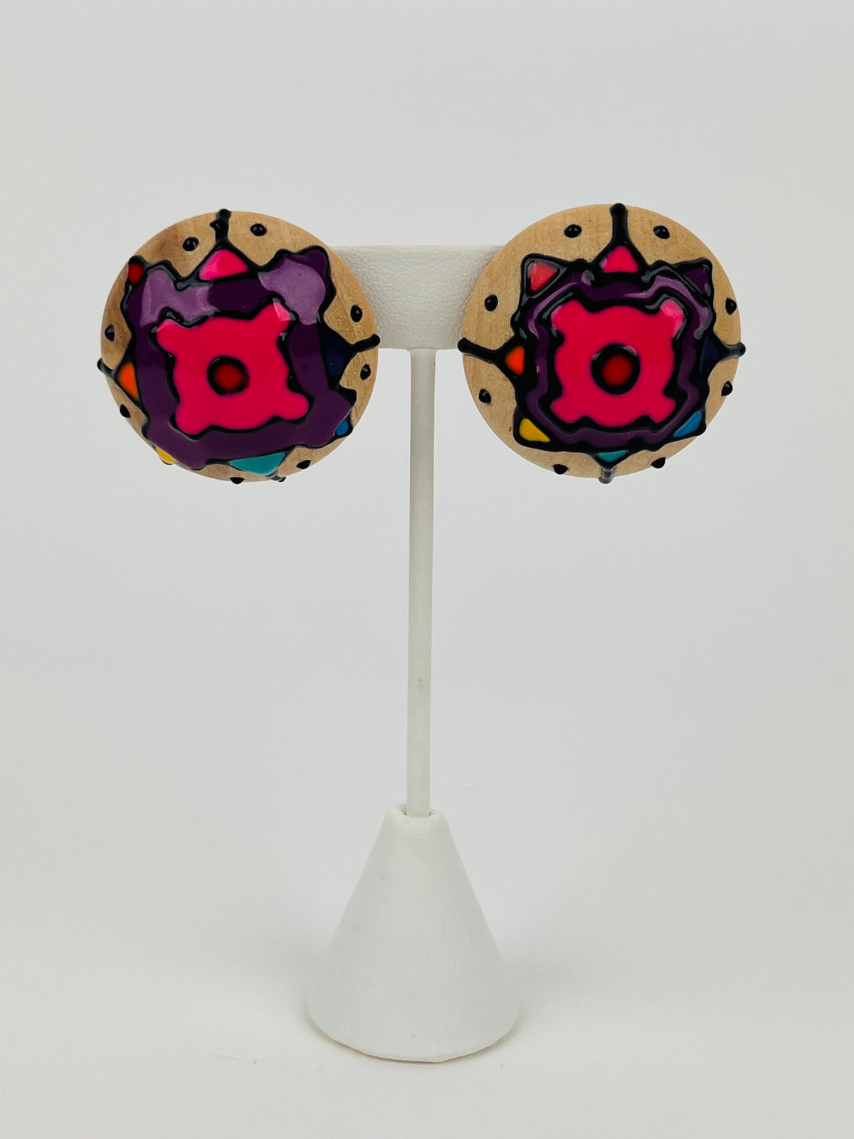 Vintage Enameled Wood Dome Earrings