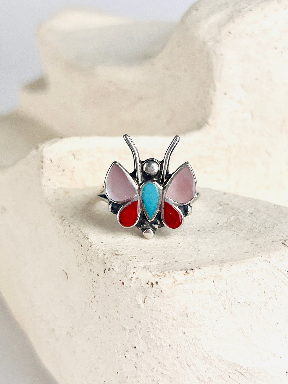 Vintage Zuni Silver & Stone Inlay Butterfly Ring