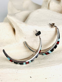 Vintage Zuni Half-Hoop Sterling & Inlaid Stone Earrings by David Lucio