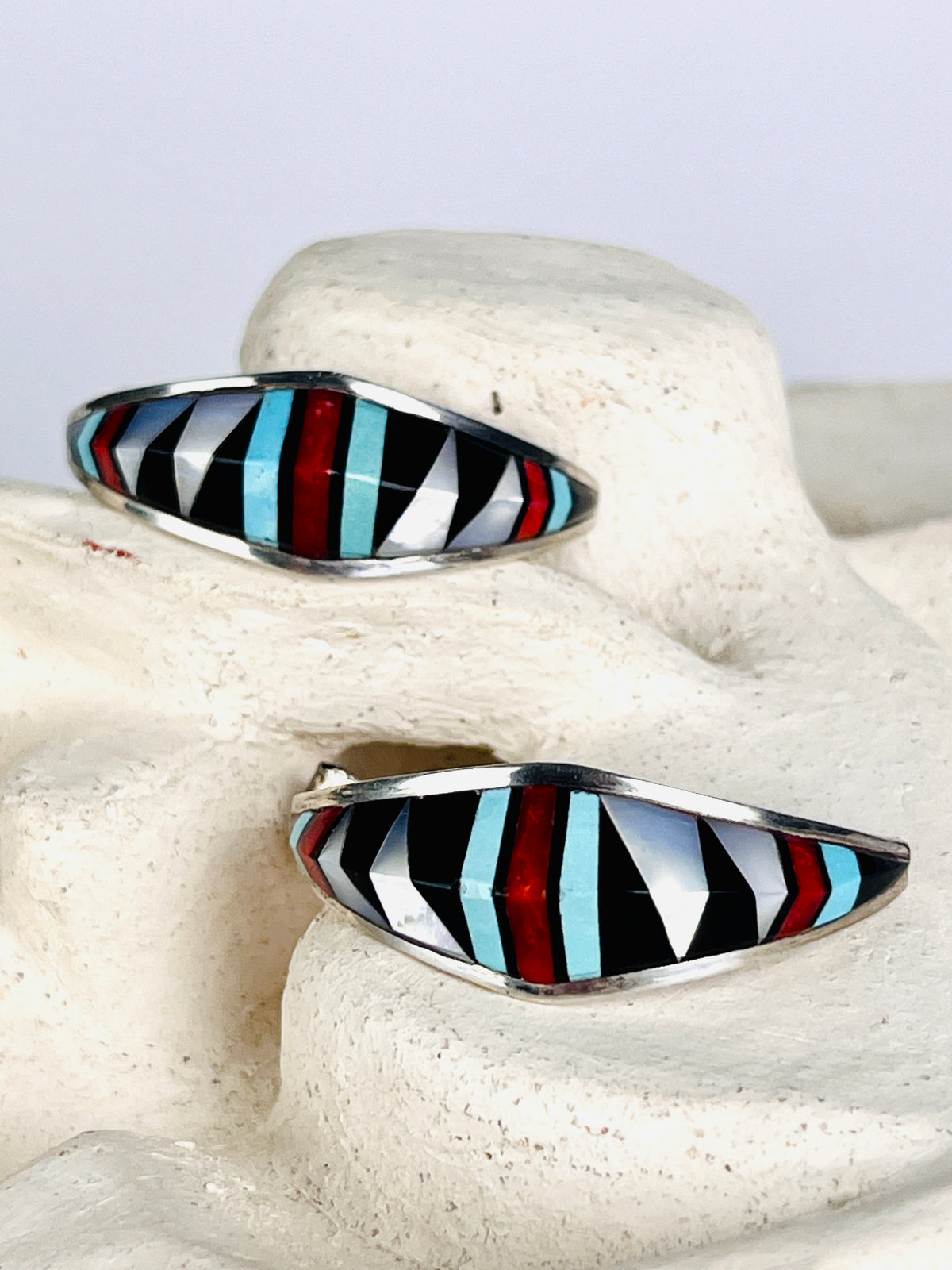 Vintage Zuni Half-Hoop Sterling & Inlaid Stone Earrings by David Lucio