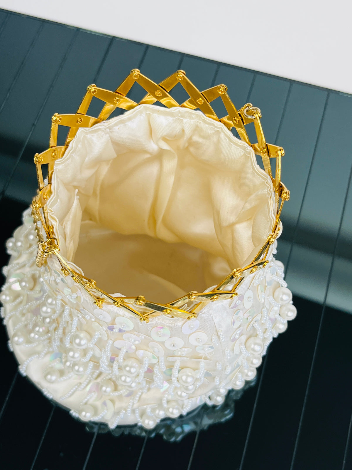 Vintage Beaded White Satin Bag
