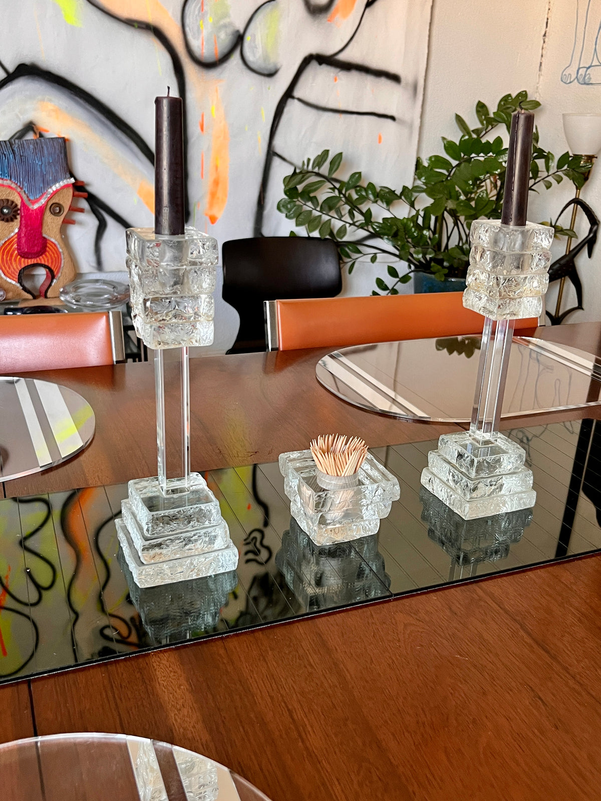 Postmodern Stacked Glass Candle & Toothpick Holder Set