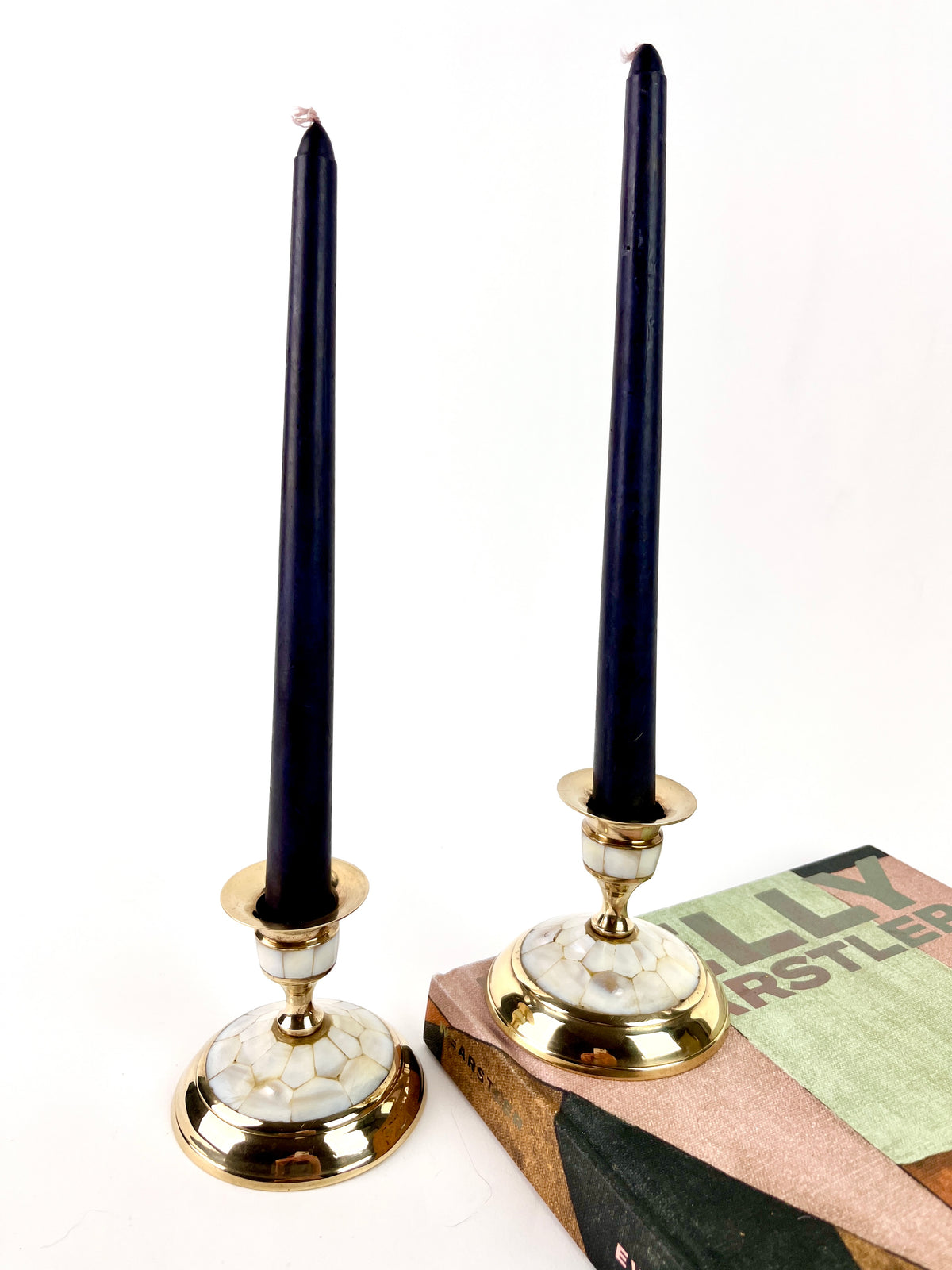Vintage Brass & Mother of Pearl Candle Holders
