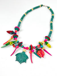Vintage Carved Wood Fruit & Parrot Necklace