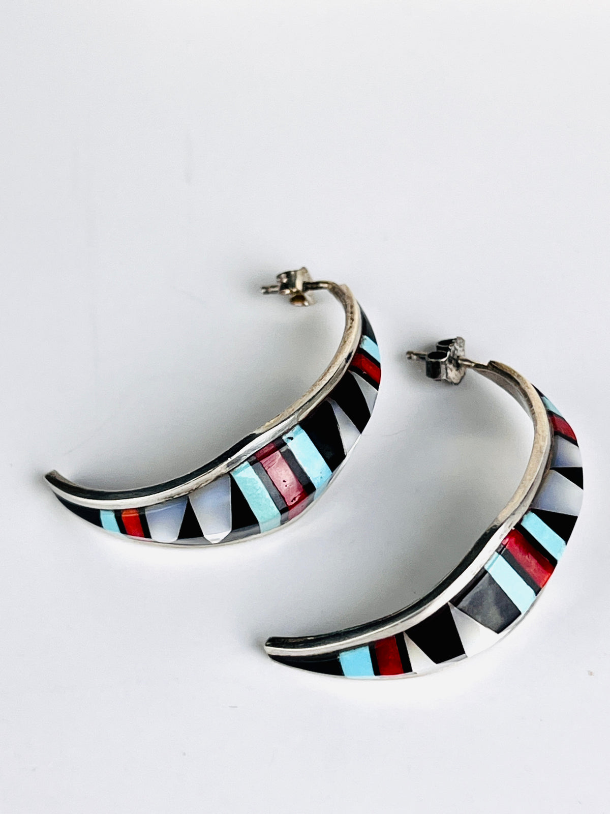 Vintage Zuni Half-Hoop Sterling & Inlaid Stone Earrings by David Lucio