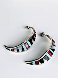 Vintage Zuni Half-Hoop Sterling & Inlaid Stone Earrings by David Lucio