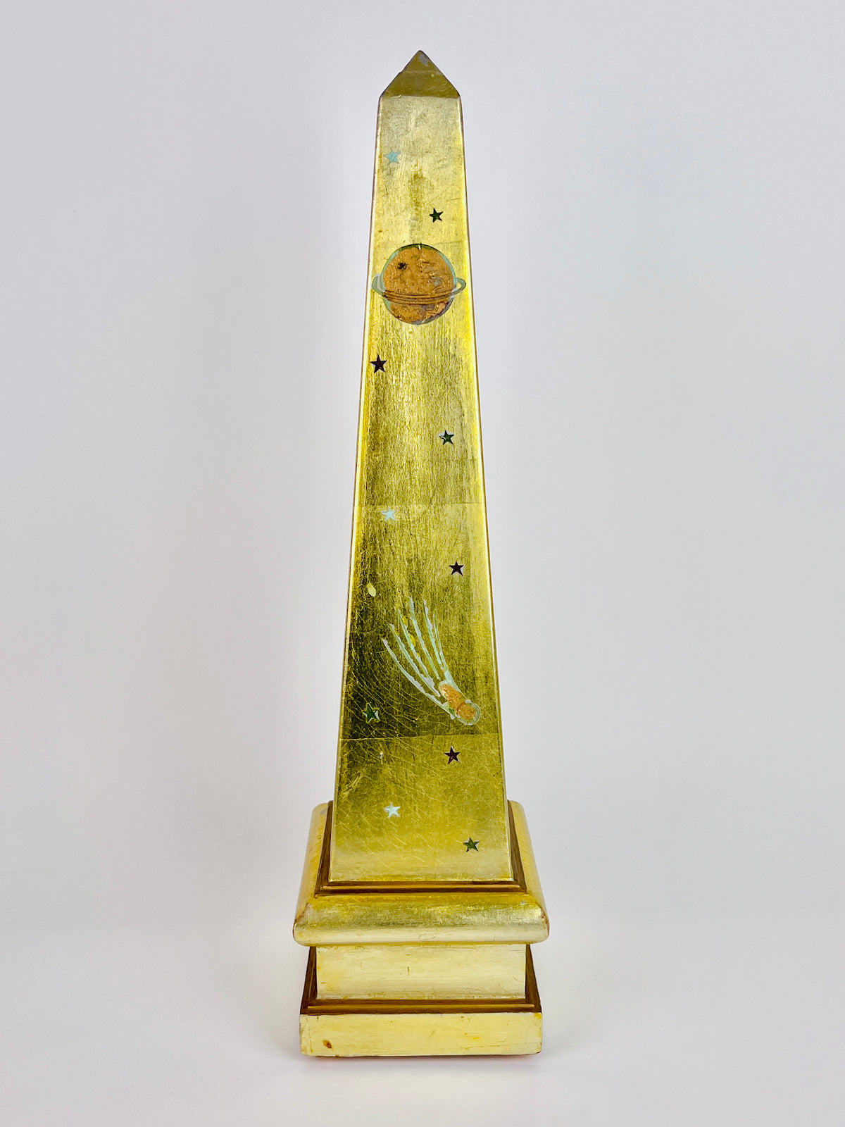 Vintage Celestial Gold Carved Wood Obelisk