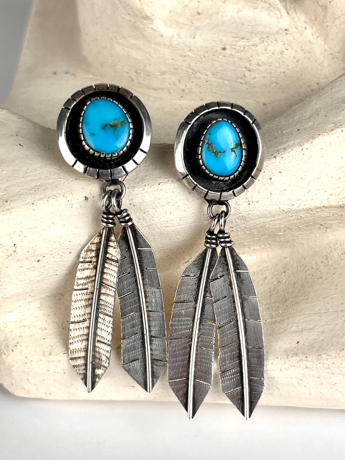 Vintage Navajo Sterling & Turquoise Feather Earrings