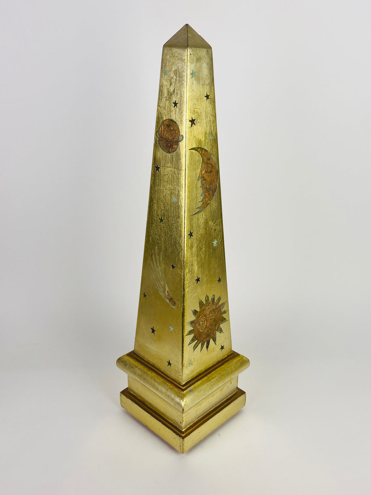 Vintage Celestial Gold Carved Wood Obelisk
