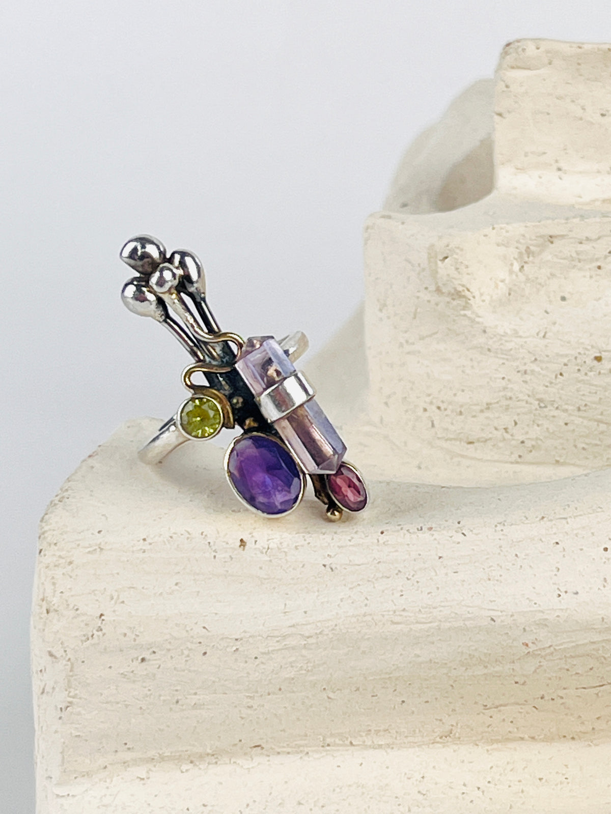 Modernist Sterling Sculptural Gemstone Ring