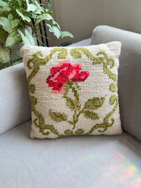 Vintage Needlepoint Rose Pillow