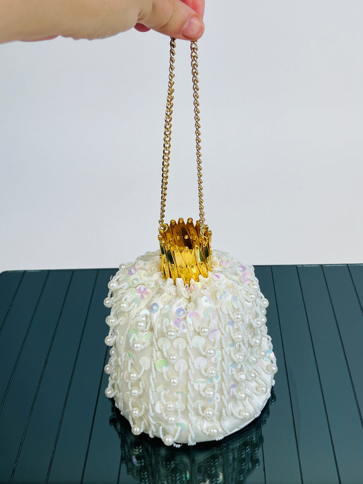 Vintage Beaded White Satin Bag