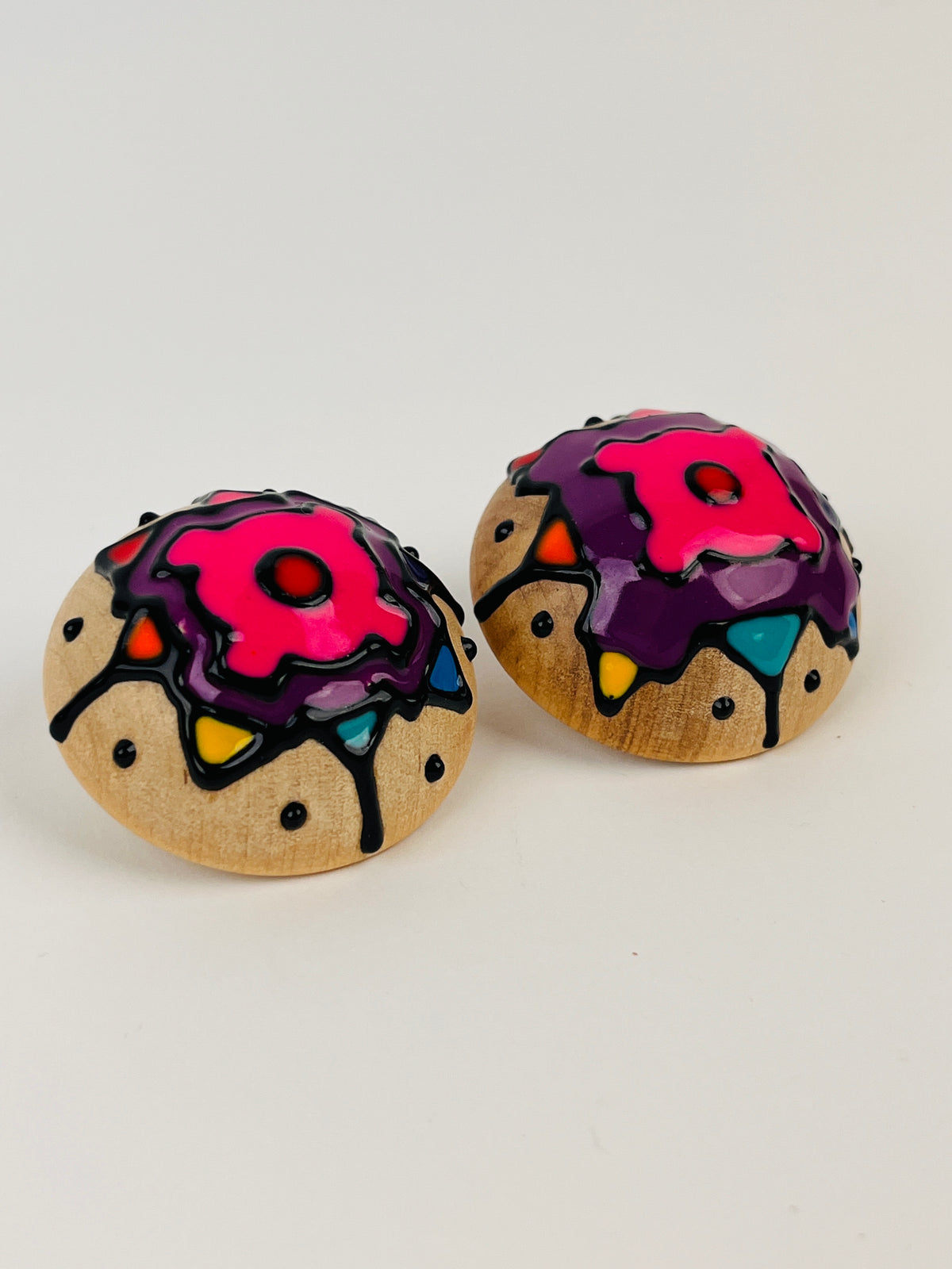 Vintage Enameled Wood Dome Earrings