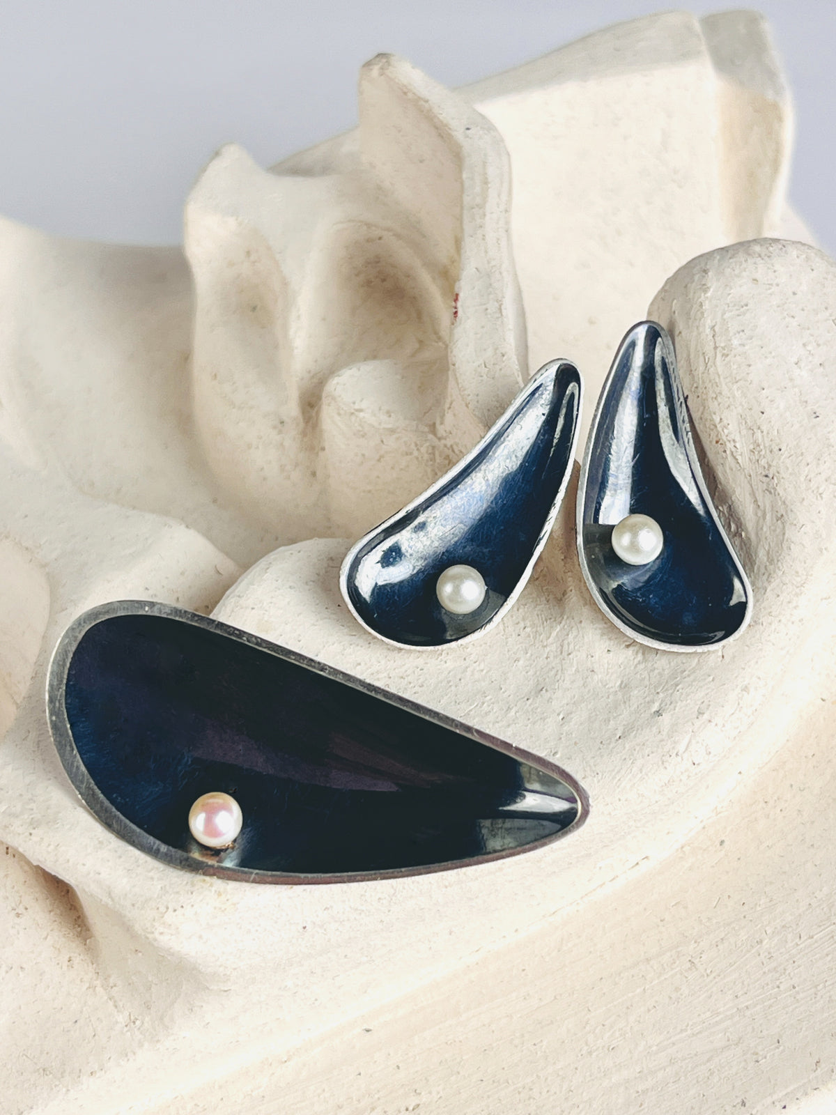 Modernist Sterling & Pearl Brooch & Earring Set
