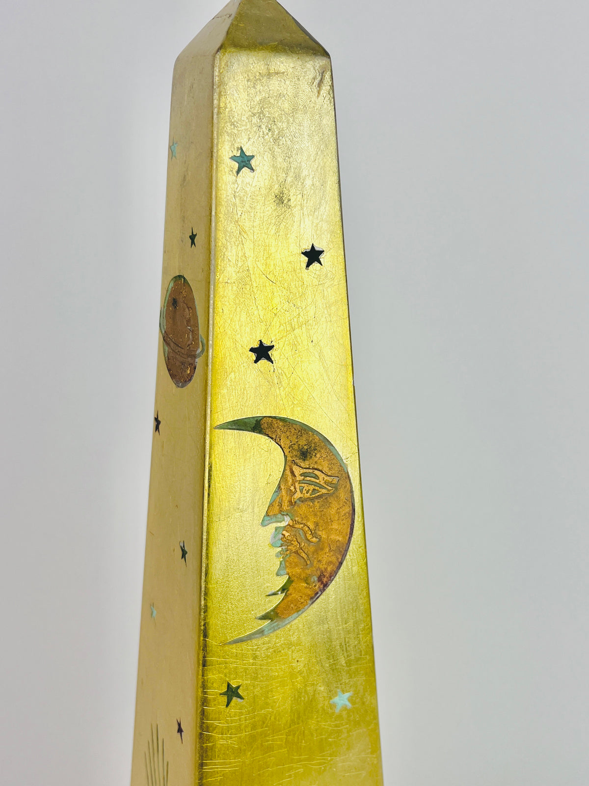 Vintage Celestial Gold Carved Wood Obelisk