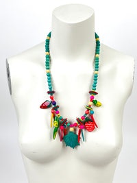 Vintage Carved Wood Fruit & Parrot Necklace