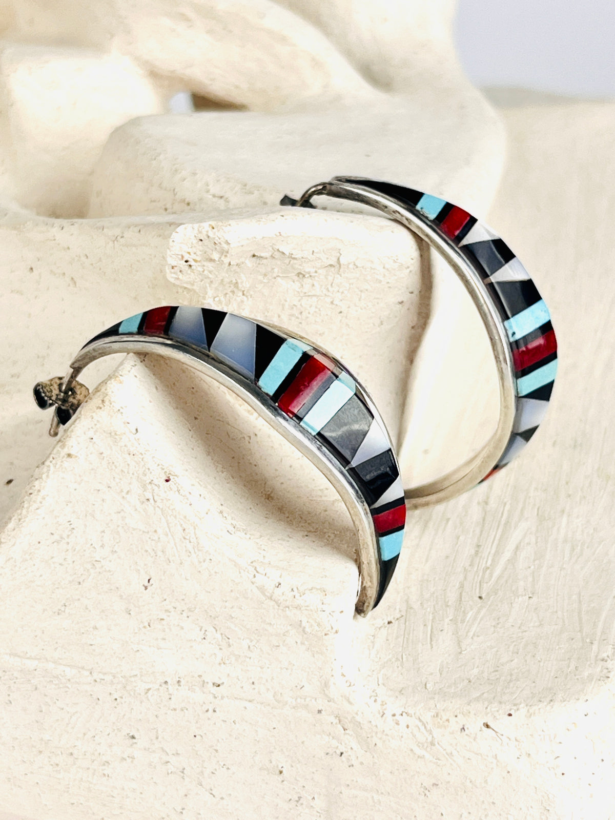 Vintage Zuni Half-Hoop Sterling & Inlaid Stone Earrings by David Lucio