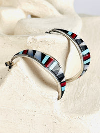 Vintage Zuni Half-Hoop Sterling & Inlaid Stone Earrings by David Lucio