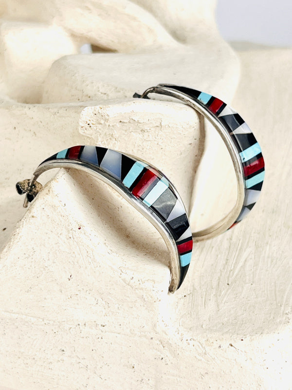 Vintage Zuni Half-Hoop Sterling & Inlaid Stone Earrings by David Lucio