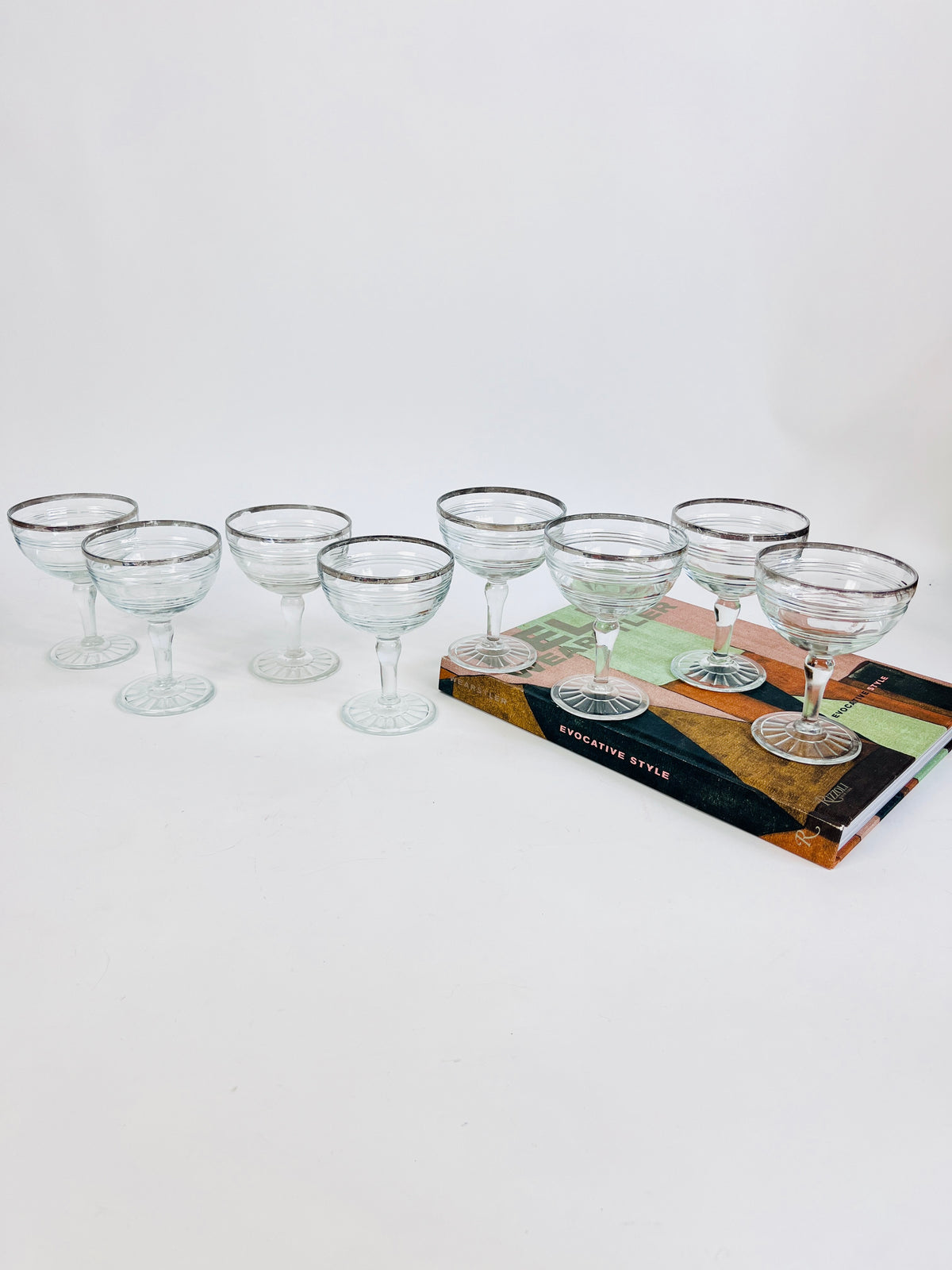 Vintage Silver-Rimmed Coupe Glasses, 8pc Set