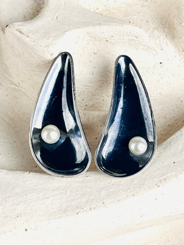 Modernist Sterling & Pearl Brooch & Earring Set