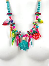 Vintage Carved Wood Fruit & Parrot Necklace