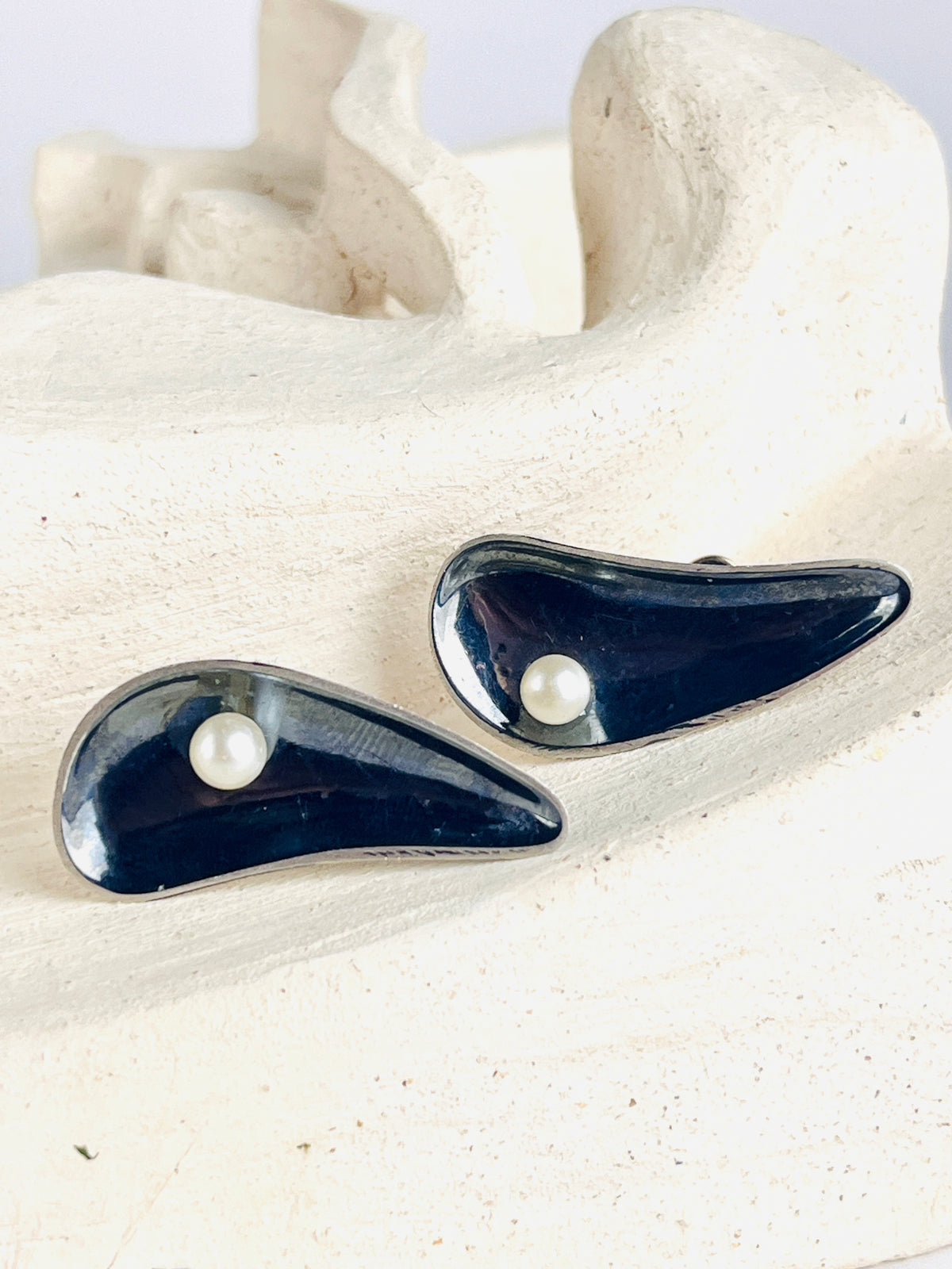 Modernist Sterling & Pearl Brooch & Earring Set