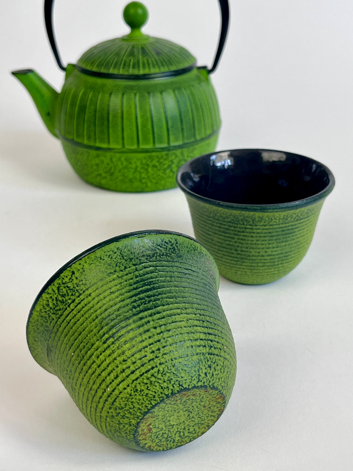 Vintage Japanese Nanbu Green Cast Iron Teapot and Cups