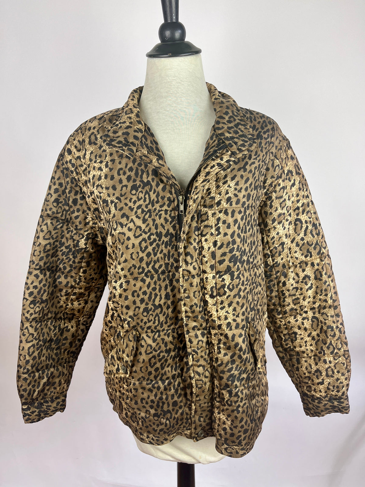Vintage Quilted Leopard Print Silk Bomber Jacket