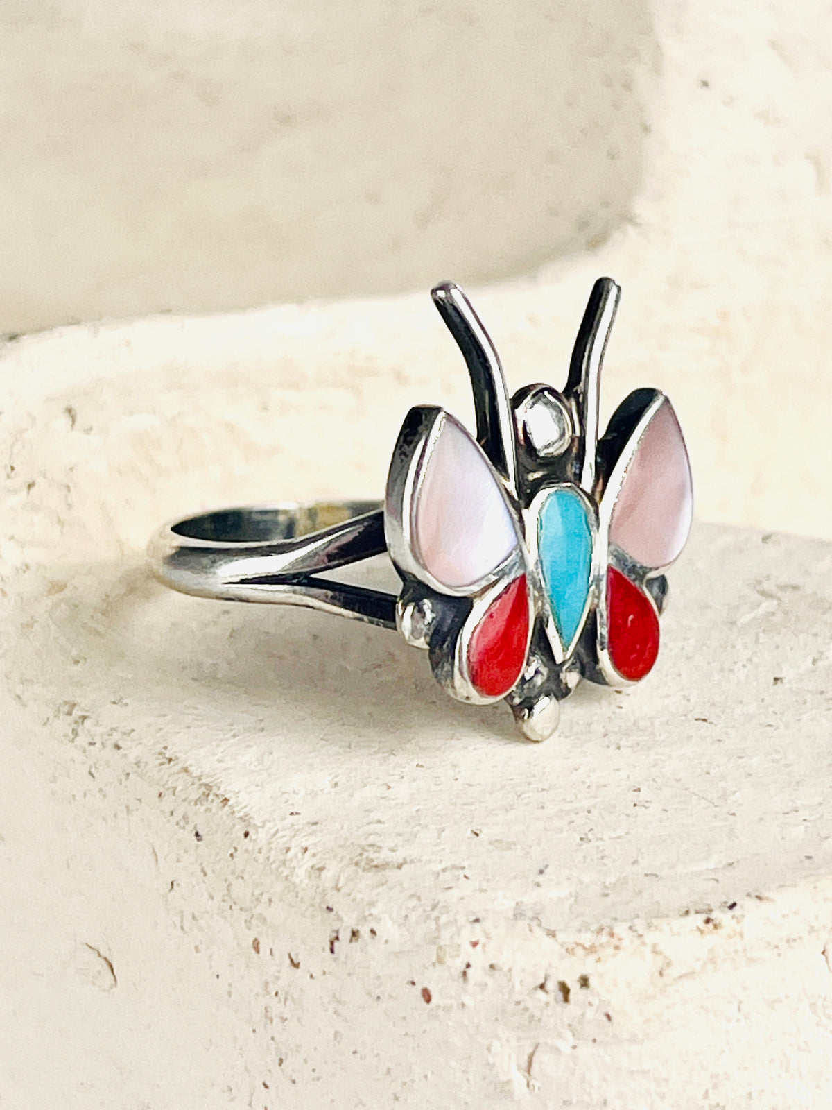 Vintage Zuni Silver & Stone Inlay Butterfly Ring