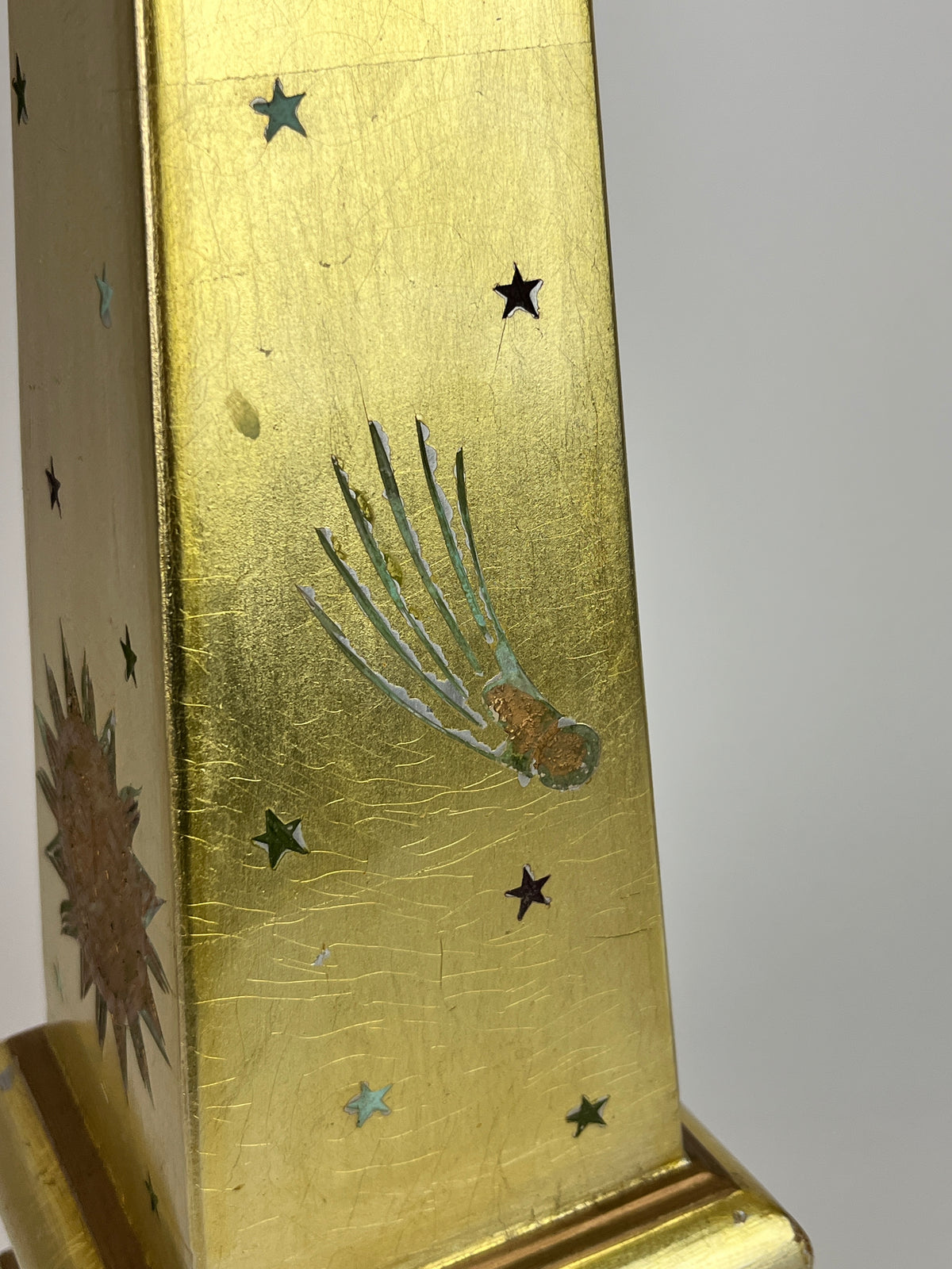 Vintage Celestial Gold Carved Wood Obelisk