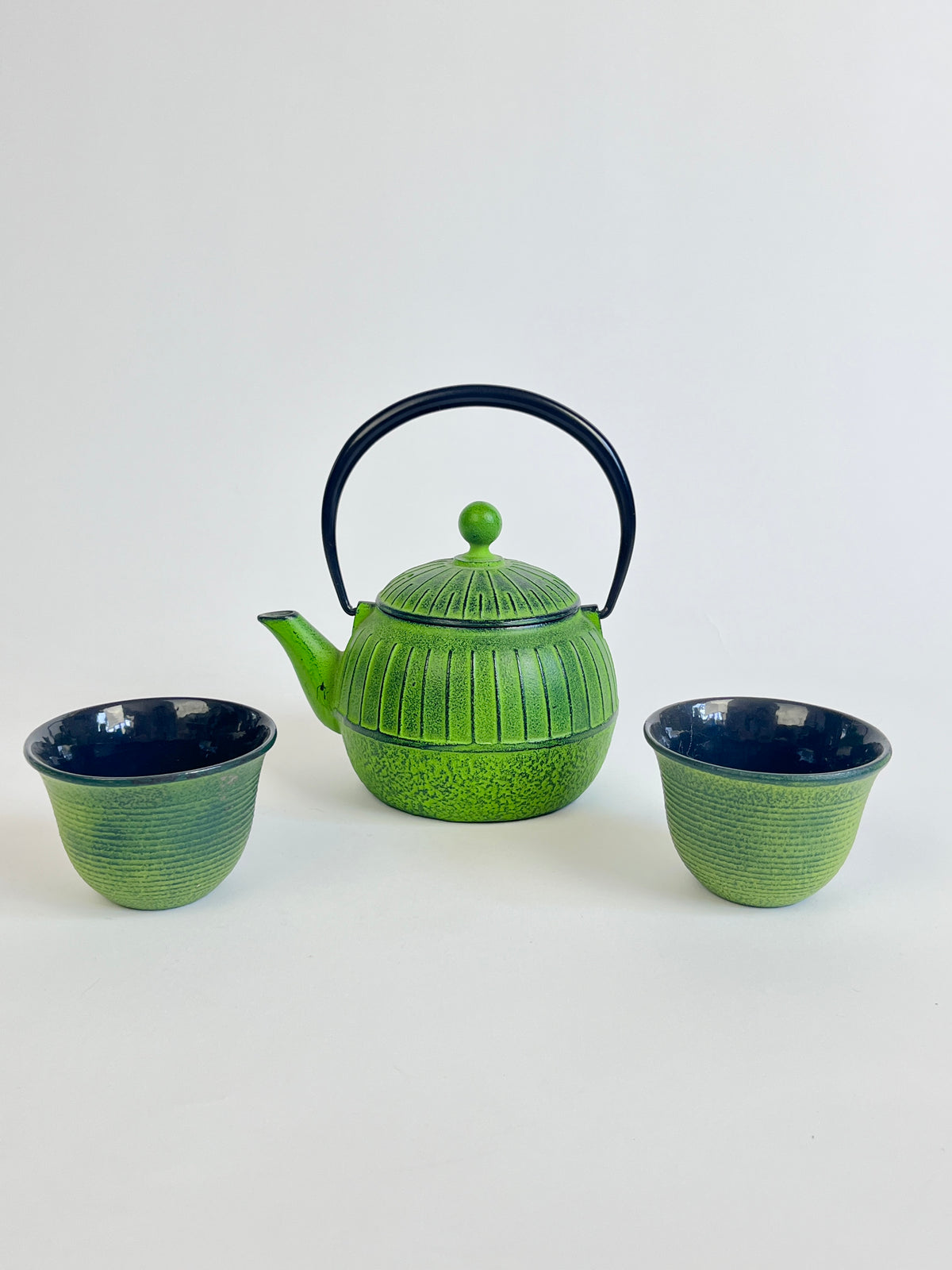 Vintage Japanese Nanbu Green Cast Iron Teapot and Cups
