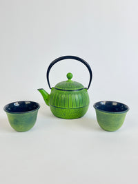 Vintage Japanese Nanbu Green Cast Iron Teapot and Cups