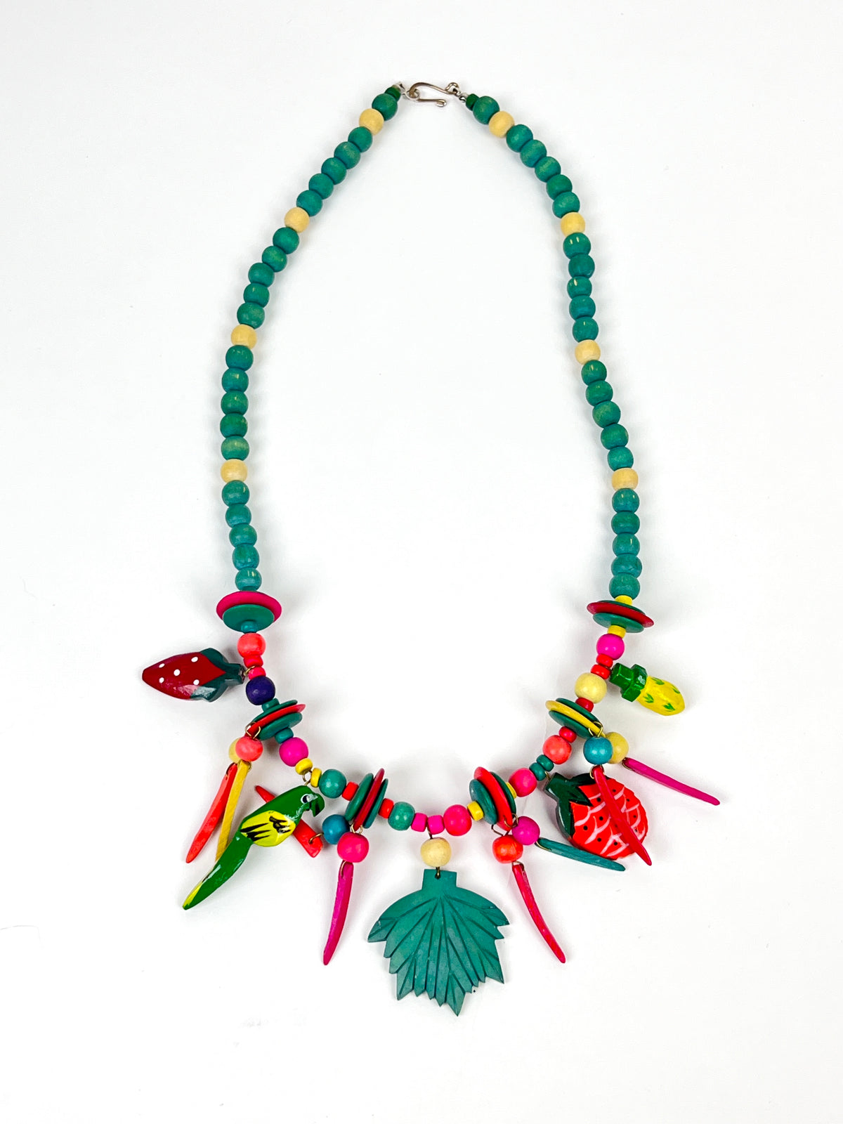 Vintage Carved Wood Fruit & Parrot Necklace