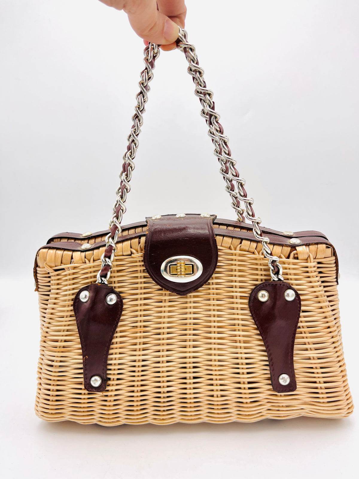 Vintage Woven Wicker and Leather Bag