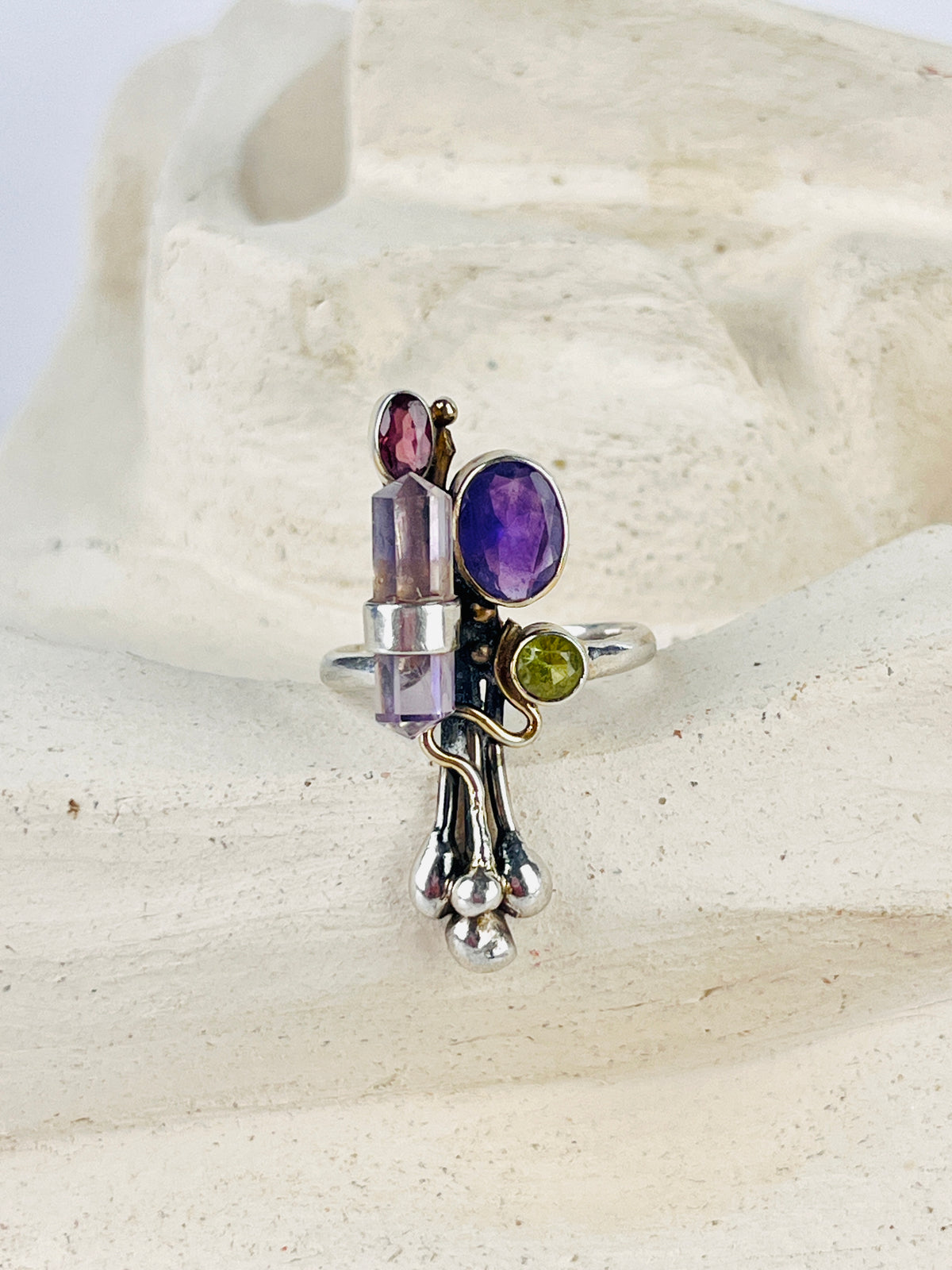 Modernist Sterling Sculptural Gemstone Ring