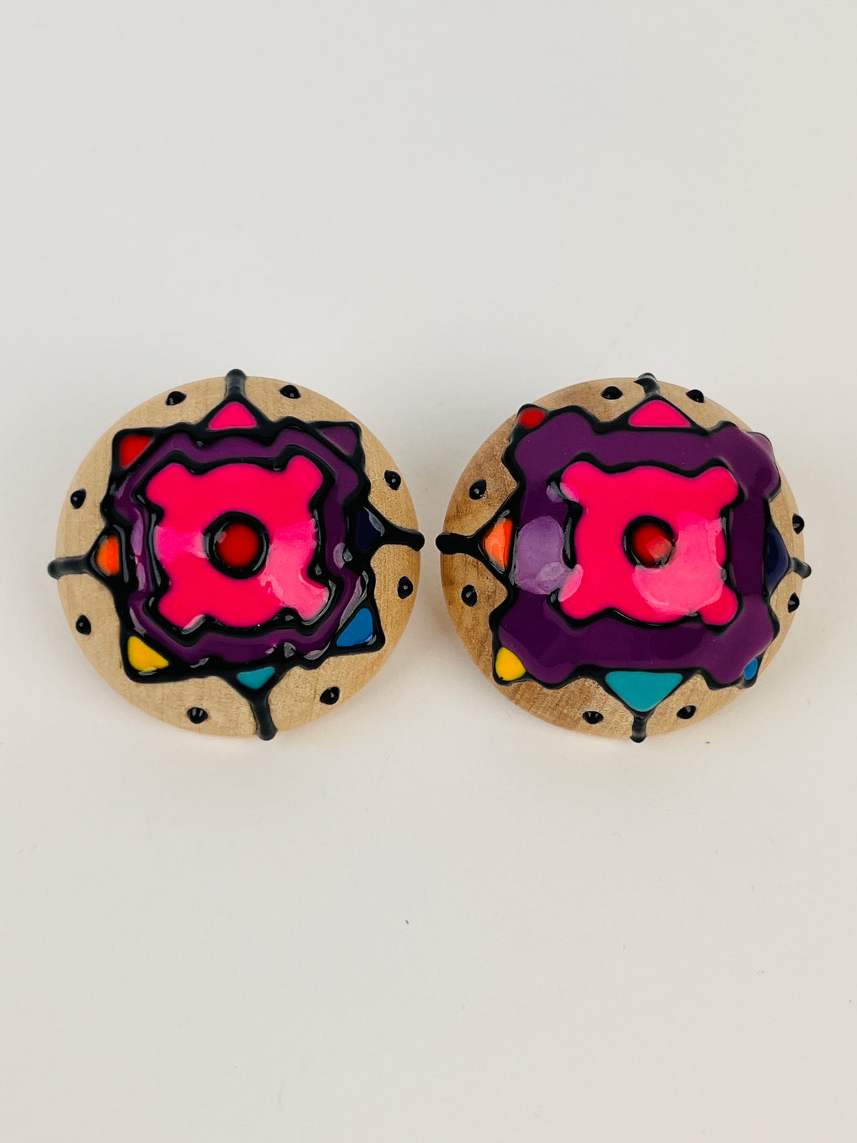 Vintage Enameled Wood Dome Earrings
