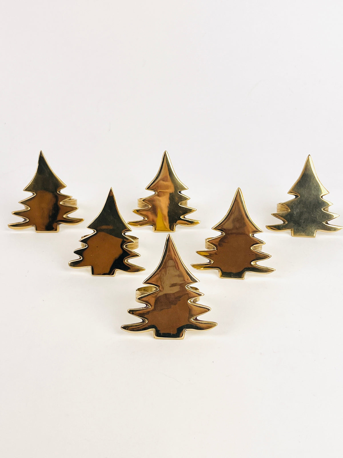 Vintage Brass Christmas Tree Napkin Rings, 6pc Set