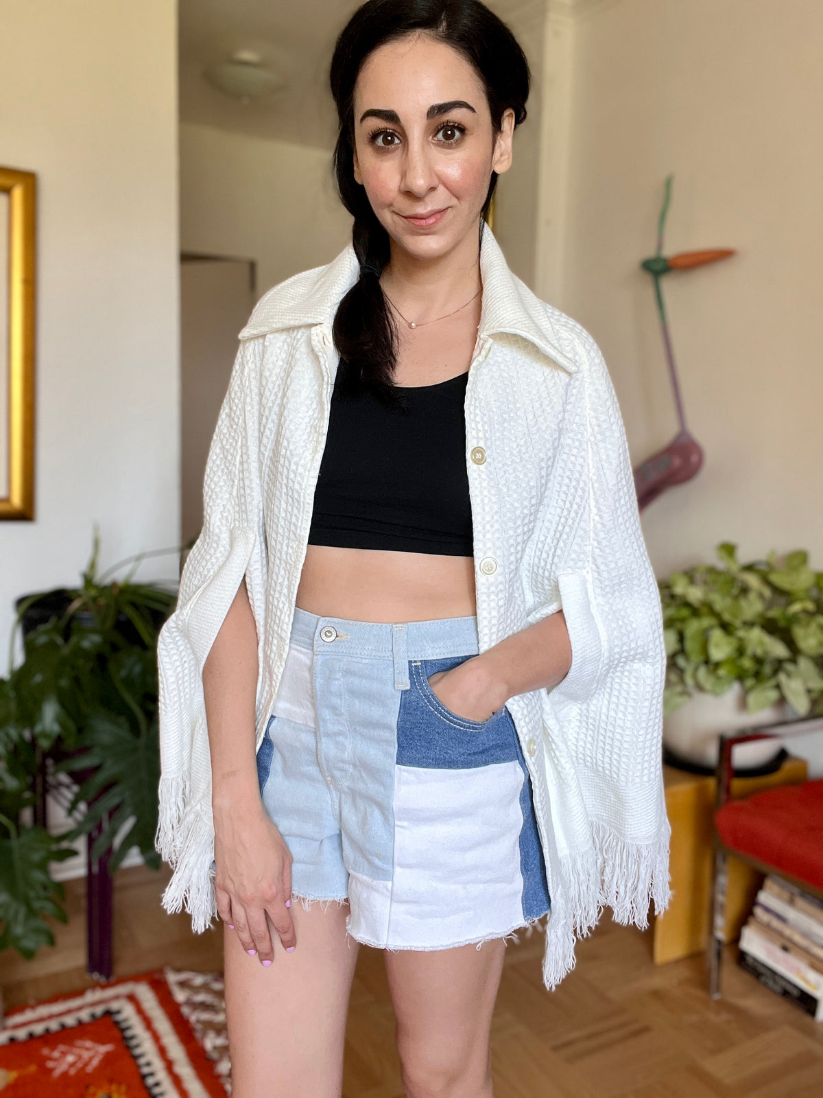 Vintage Woven Cape - White Waffle Weave