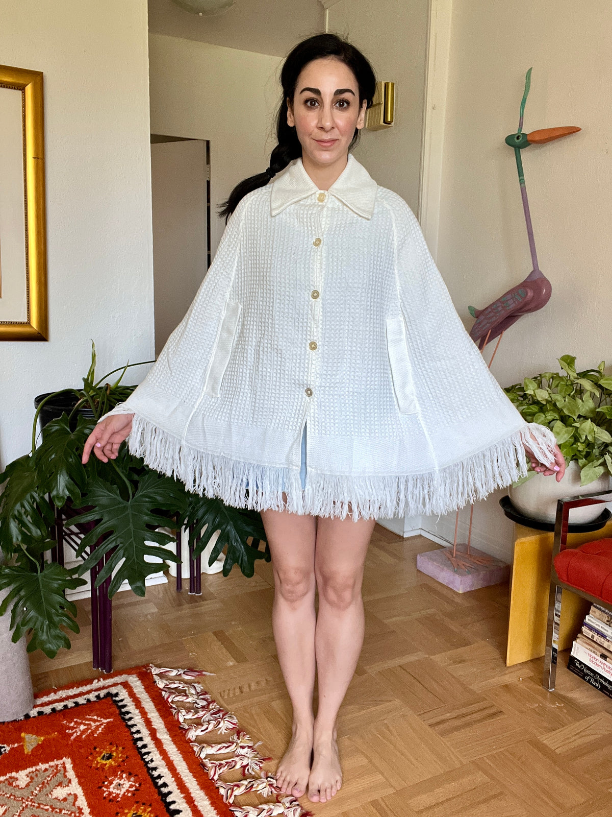 Vintage Woven Cape - White Waffle Weave