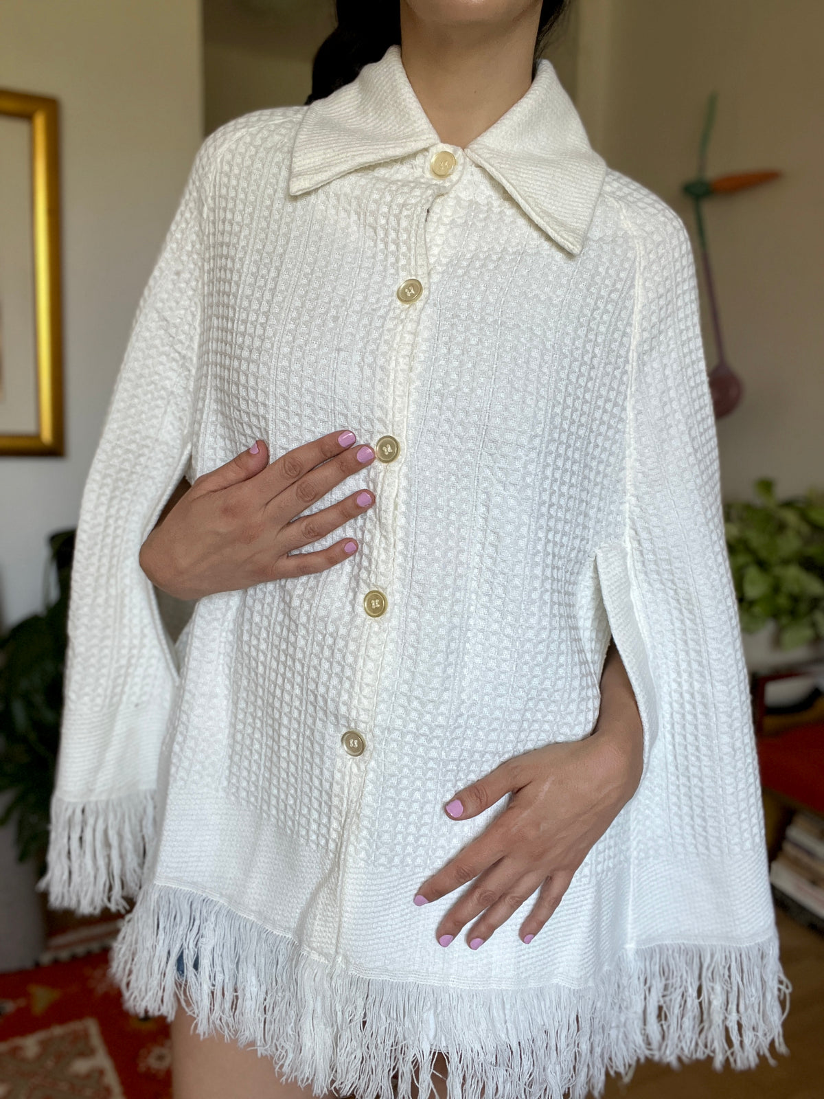 Vintage Woven Cape - White Waffle Weave