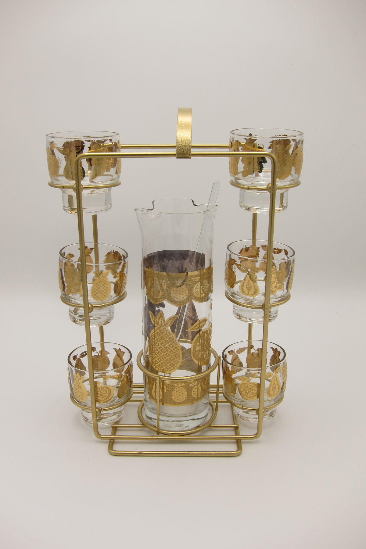 culver 22k gold fruit bar set in caddy, vintage hollywood regency