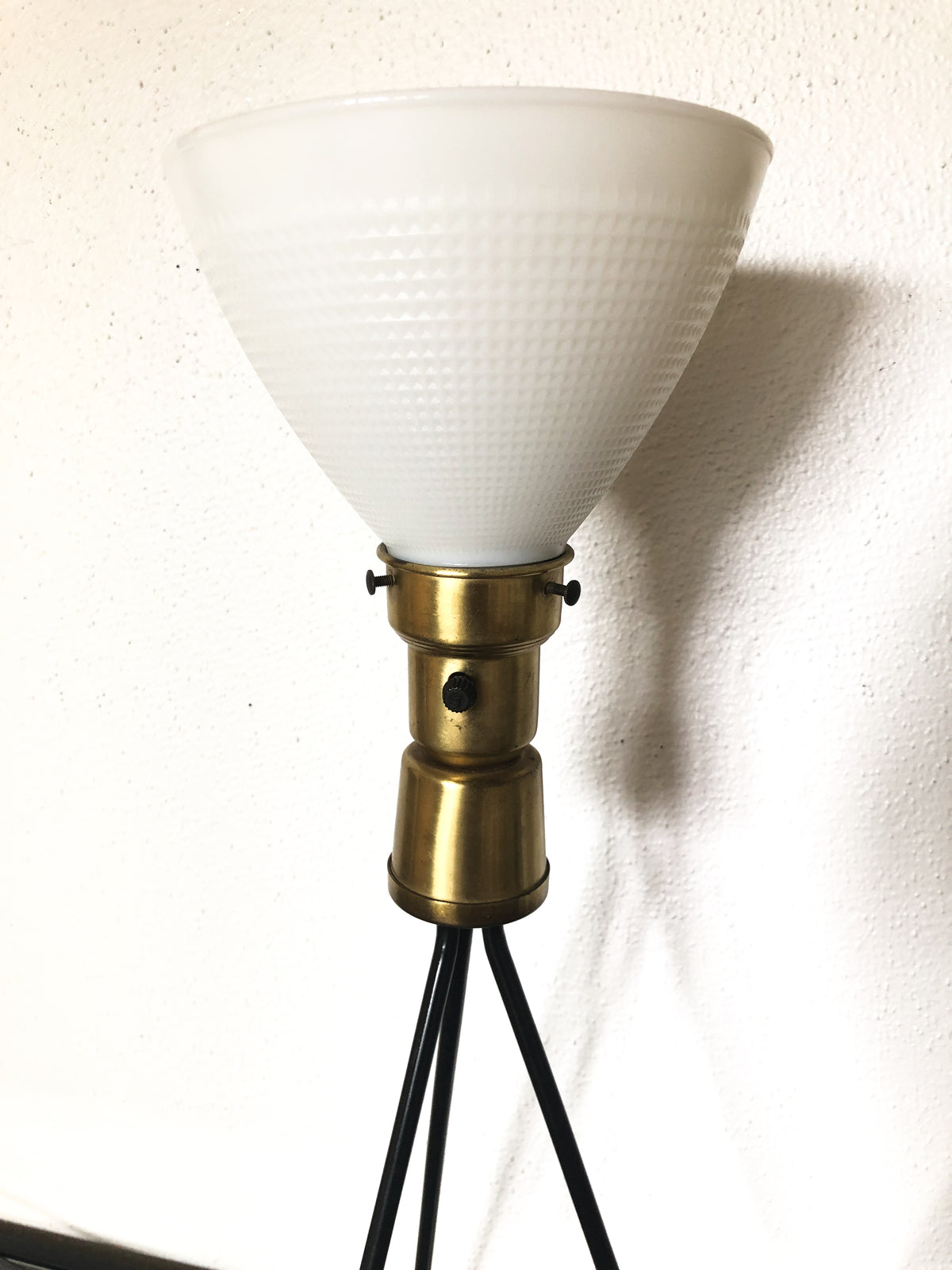 Pair of Vintage Black Iron and Milk Glass Tripod Table Lamps, in the manner of Gerald Thurston