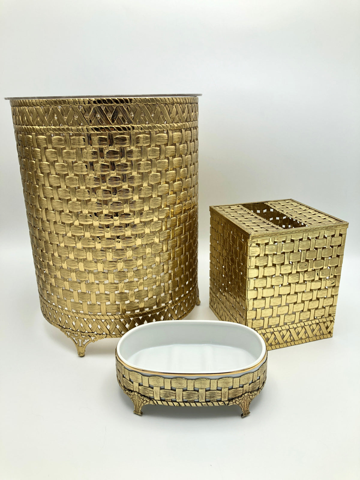 vintage hollywood regency brass bathroom wastebin, trash, tissue cover, soap dish