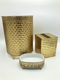 vintage hollywood regency brass bathroom wastebin, trash, tissue cover, soap dish