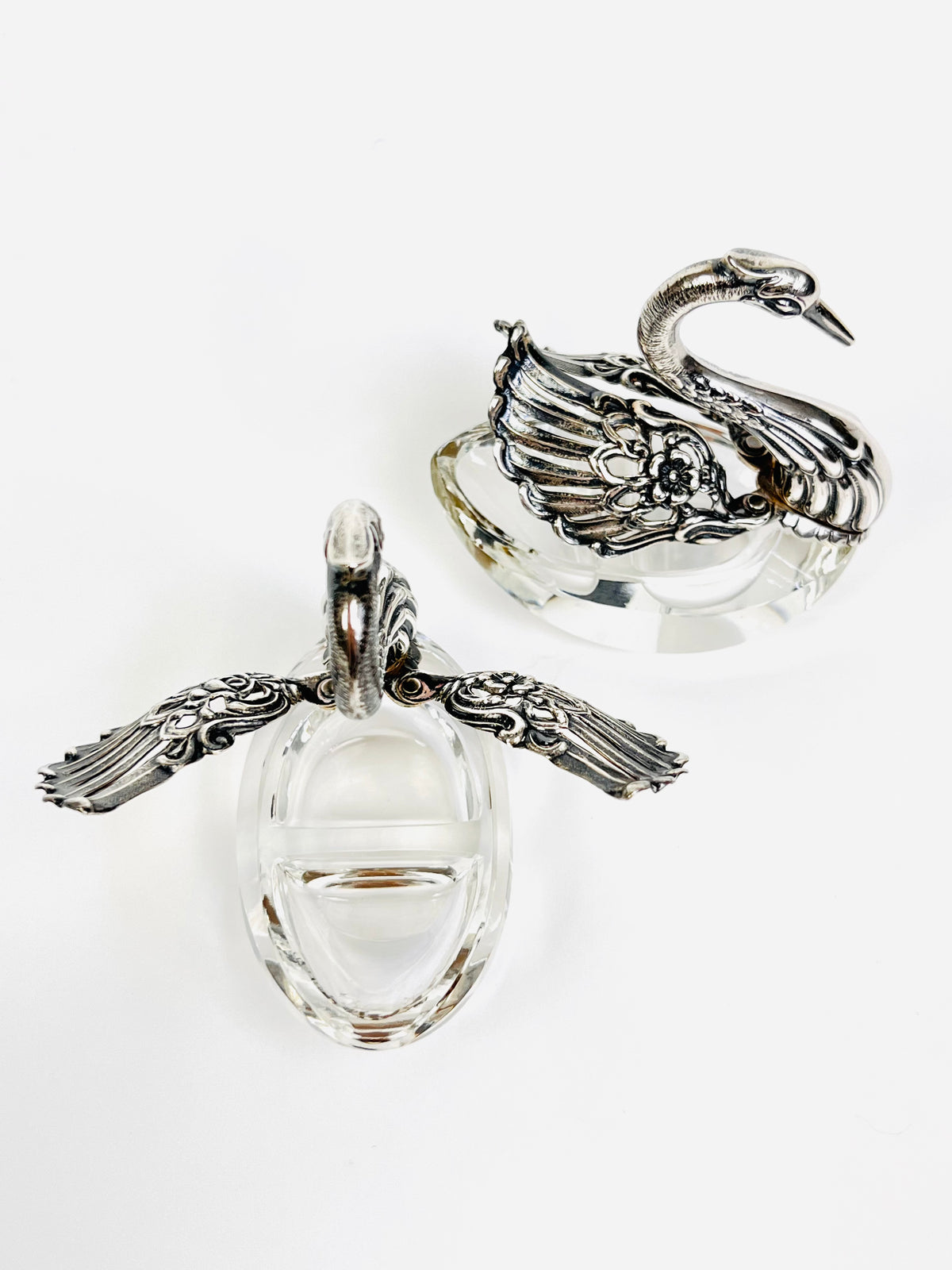 Vintage Sterling and Lucite Swan Salt Cellars - a Pair